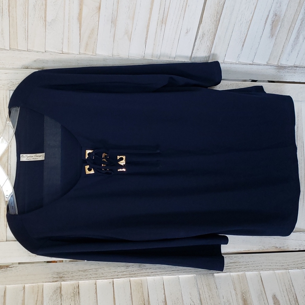 PerSeption Concept Navy Blue 3/4 Sleeve with Tie Scoop Neckline Top